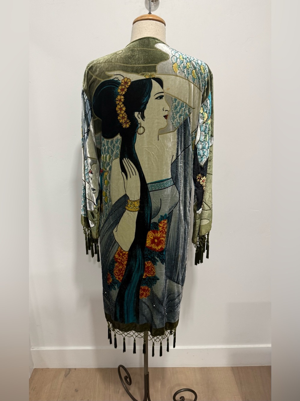 2003 Y2K Chico’s Kismet Velvet Burnout Beaded Floral Kimono Duster Cardigan